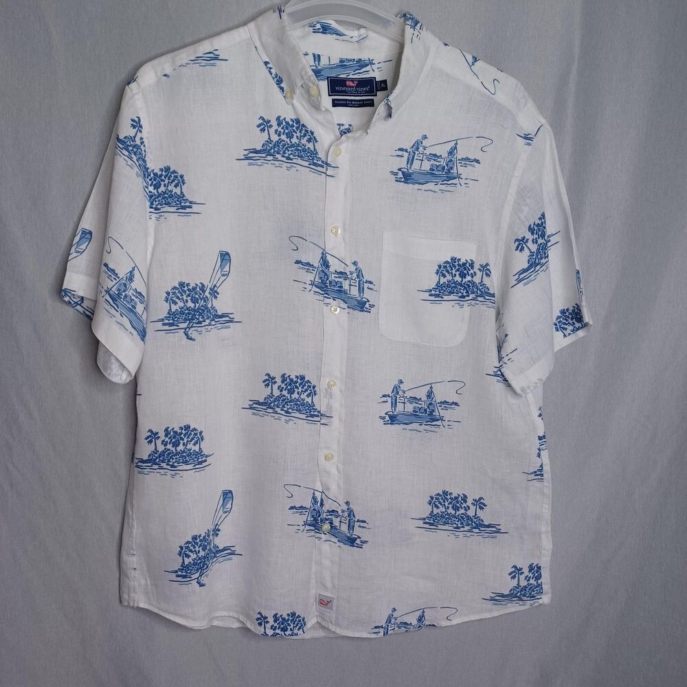 Vineyard Vines Shirt Mens XL White Linen Fishing Print Short Sleeve Button Up